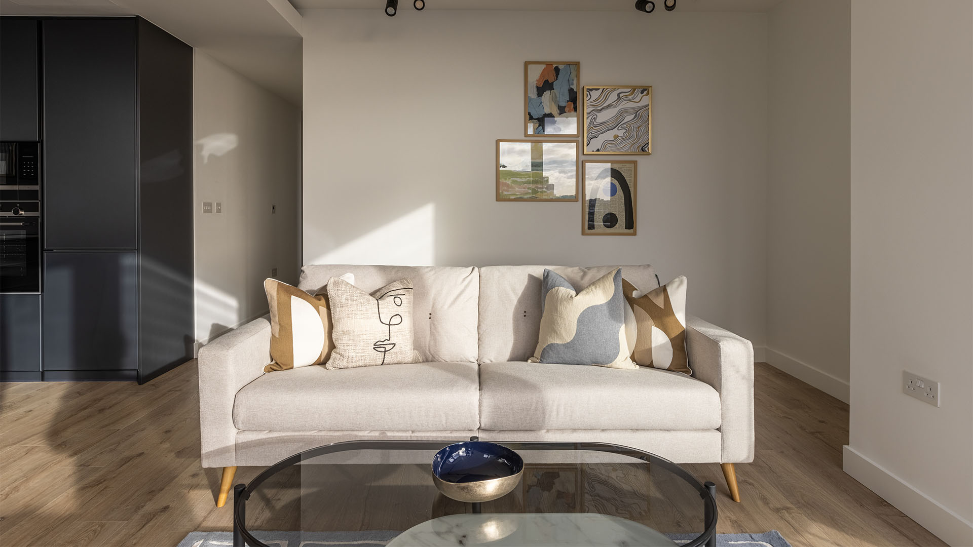 Modern interior design with framed artwork of Valencia Tower