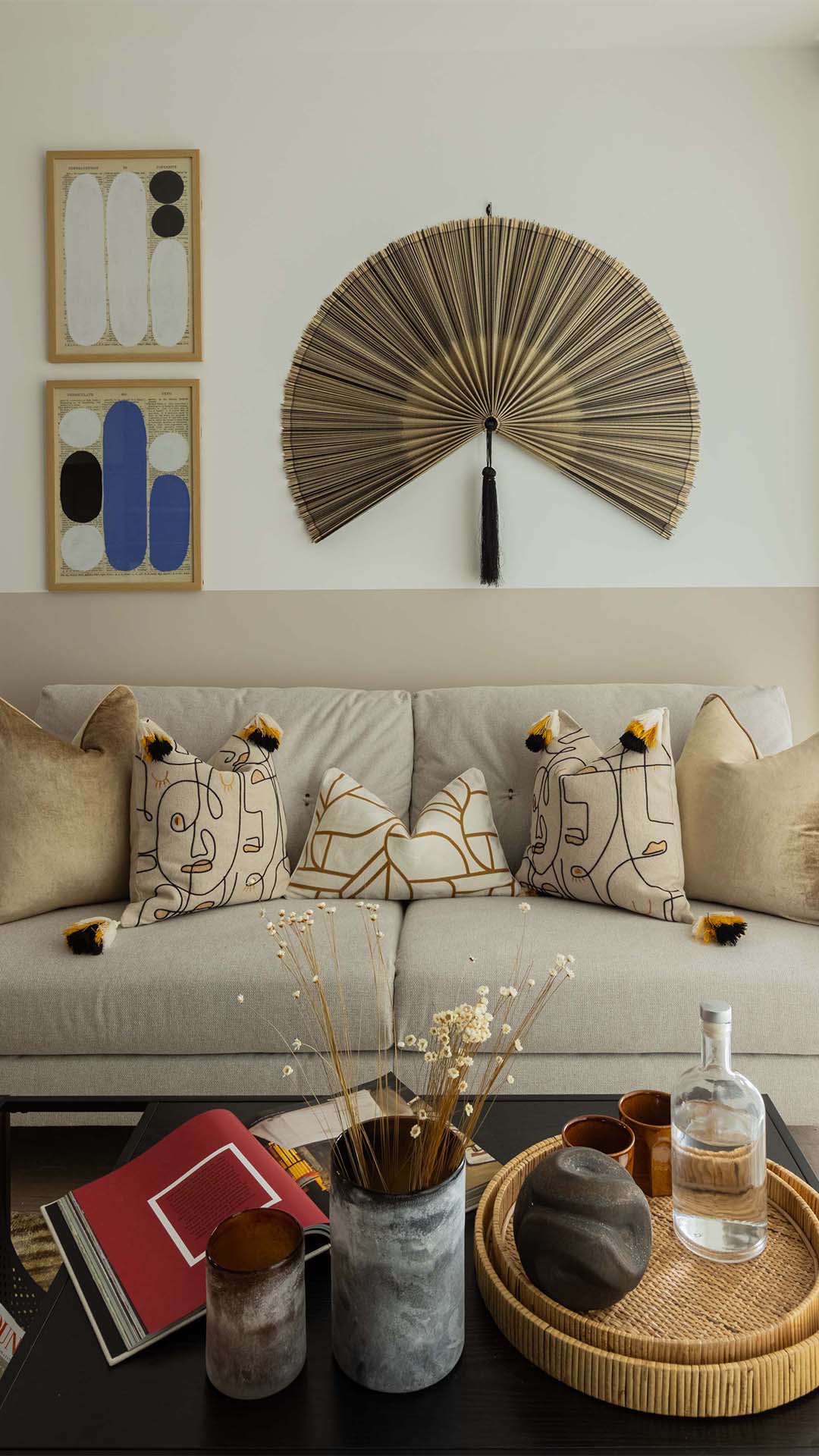 Modern sofa with patterned cushions and art of 10 Verdica show flats