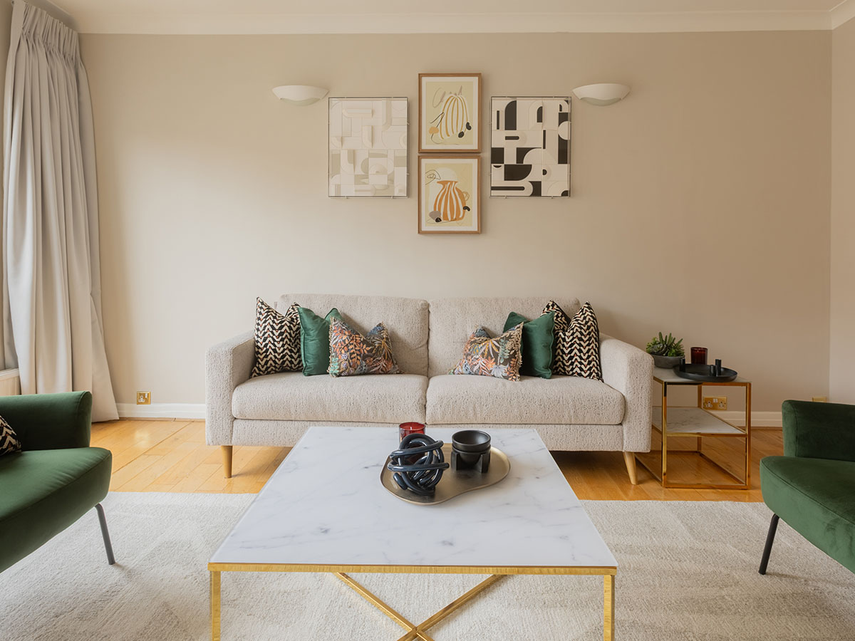 Coffee table centerpiece and sofa with patterned cushions